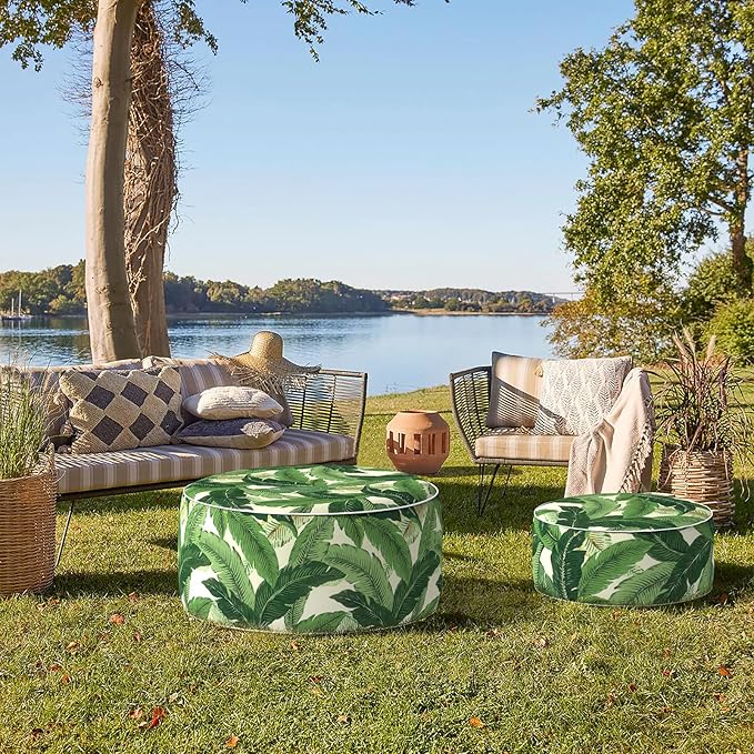 Indoor/Outdoor Inflatable Ottoman, All Weather Ottoman Pouf D31 x H14 inch, Round Foot Rest Portable Footstool for Patio, Garden, Porch, Home, Swaying Palms Green