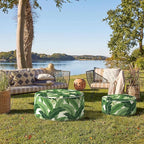 Indoor/Outdoor Inflatable Ottoman D21 x H9 inch, Round Footstool Inflatable Foot Rest Ottoman with Handle, Portable Ottomans Pouf for Patio, Garden, Camping, Home, Swaying Palms Green