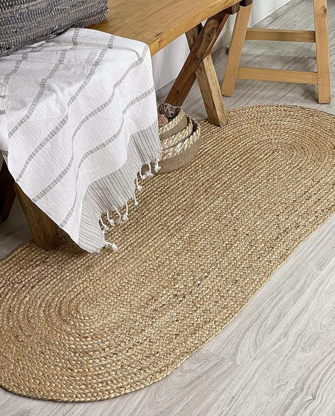 Chardin home Hand Woven Natural Jute Braided Rug – 2x7 Oval | Rustic Boho Farmhouse Style | Solid Natural Fiber Rug for Hallway, Entryway, Kitchen, Bedroom, Dining Room, Study, Office