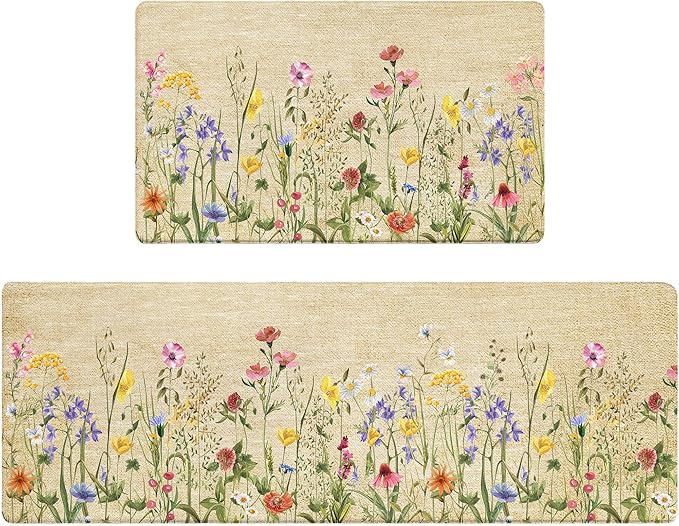 Kitchen Rug Mats for Floor Cushioned Anti Fatigue Floral Kitchen Rugs Sets of 2 Farmhouse Wildflowers Non Slip Waterproof Comfort Memory Foam Standing Floor Mat for Office Laundry Sink Desk