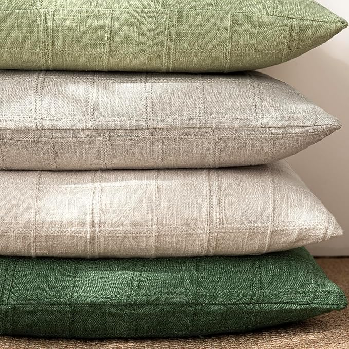 Foindtower Set of 2 Decorative Linen Check Throw Pillow Covers Neutral Farmhouse Vintage Cushion Covers Modern Boho Accent Home Decor for Sofa Chair Couch Bedroom Living Room,22×22 Inch,Forest Green