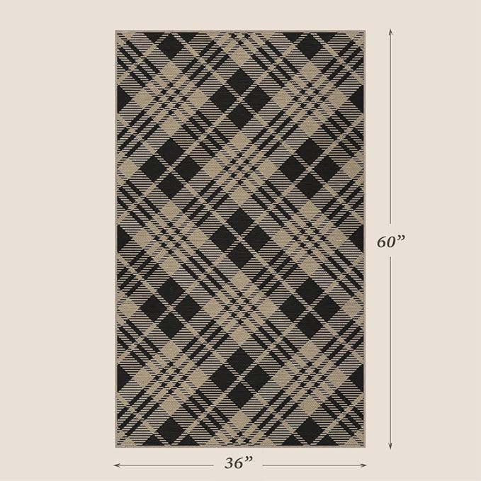 JTJ Vintage Outdoor Entrance Rugs 3x5 - Easy Jute Woven Rug for Indoor Area, Kitchen, Bedroom, Washable Low Pile Black and White Classic Decor