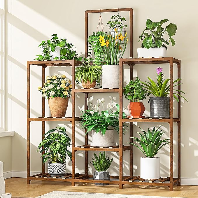 EnHomee Plant Stand, 8 Tiers Indoor Plant Stand for Multiple Plants Pot, Wood Plants Shelves for Living Room, Patio, Balcony, Yard, Garden, 34.3" W x 11.8" D x 47.2" H