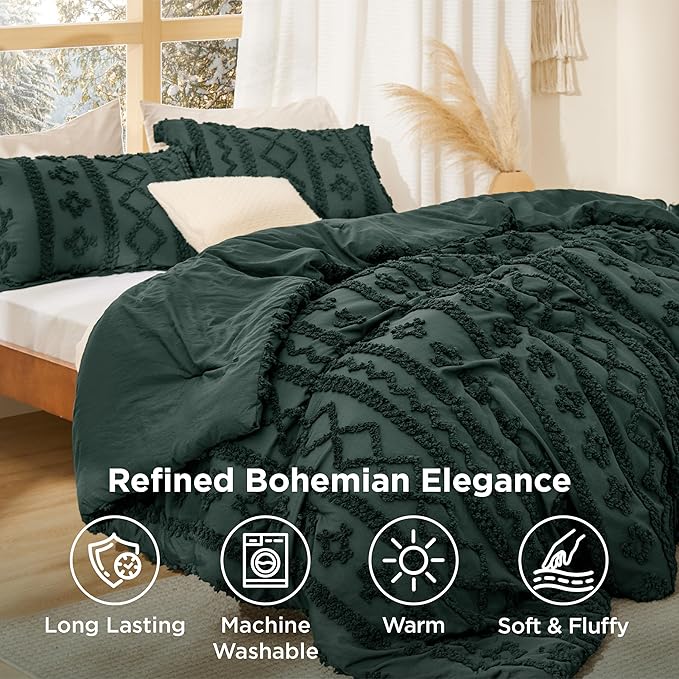 Bedsure Tufted Boho Comforter Set Twin Size - Dark Green Boho Bed Set, GentleSoft™ 2 Pieces Farmhouse Shabby Chic Embroidery Bedding, Gifts for Woman, Soft Jacquard Twin Comforter for All Seasons