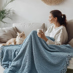 Throw Blanket for Couch, Dusty Blue Luxury Knitted Throws 60"x80", Textured Blankets with Handmade Fringe Tassels for Bed Sofa Decorative, Chunky Soft Farmhouse Boho Home Decor