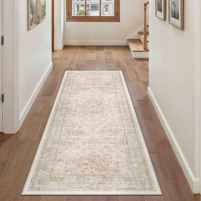 Hallway Runner Rug 2x6 Washable Beige Vintage Distressed Long Runner Oriental Soft Thin Indoor Carpet Non Slip Low Pile Throw Rug for Kitchen Bedroom Laundry Bedside Entryway