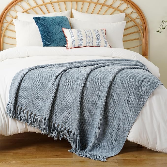 BATTILO HOME Bluish Grey Chenille Throw Blanket for Couch, Knit Throw Blanket,Super Soft Warm Home Decor Throw Blanket with Tassels for Bed,Sofa and Living Room,60" x 80"