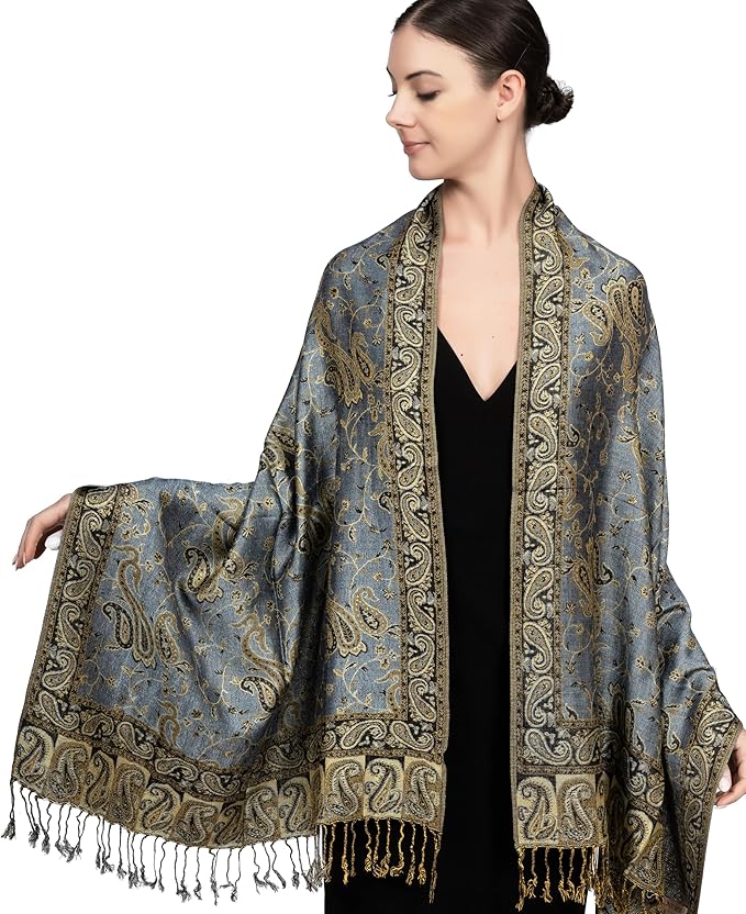 Achillea Reversible Paisley Pashmina Rave Scarf – Exotic Indian Shawls and Wraps for Evening Dresses, Festivals, All Seasons