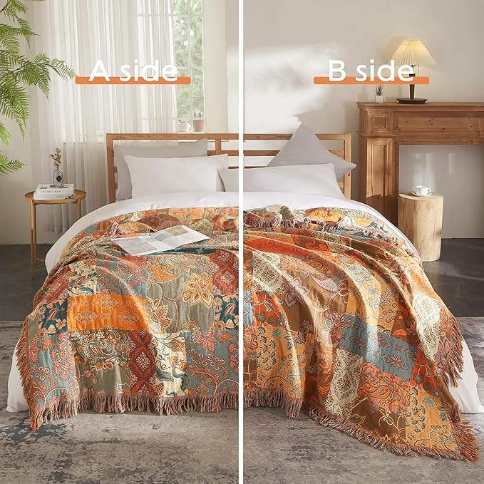 Boho Throw Blanket for Bed 90”x108”, 100% Cotton Woven Blanket for Couch Sofa, Ultra Soft 4-Layer Muslin Quilt with Patchwork Floral Printed, Farmhouse Bed Blanket/Cover for Living Room Decor