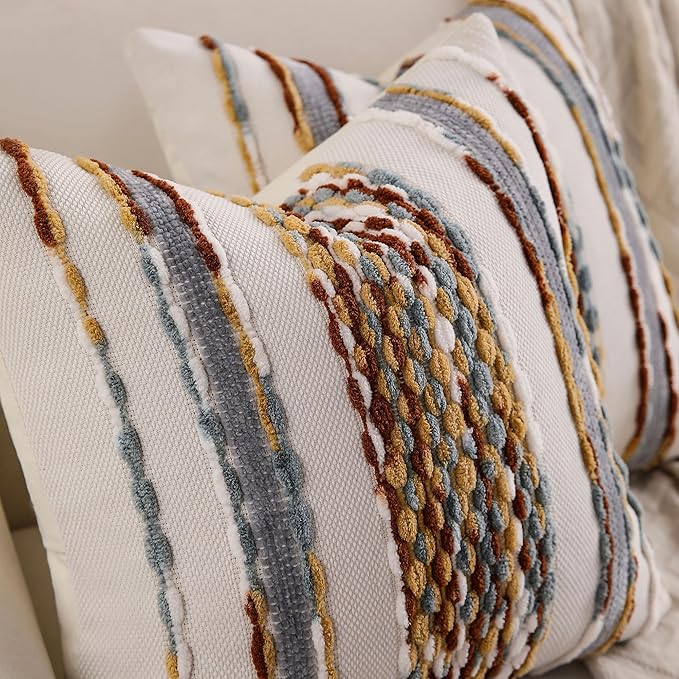 Boho Striped Throw Pillow Covers 18x18 Inch Set of 2 Farmhouse Decorative Pillow Covers Chenille Tufted Accent Neutral Pillowcase Brown White Cushion Cover for Living Room Couch Sofa Bed