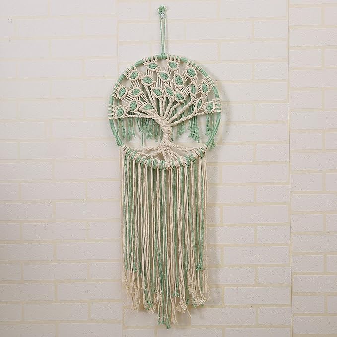 Macrame Wall Hanging Green and White Tree of Life Wall Art Decoration Home Decor Dream Catcher (X-Large)