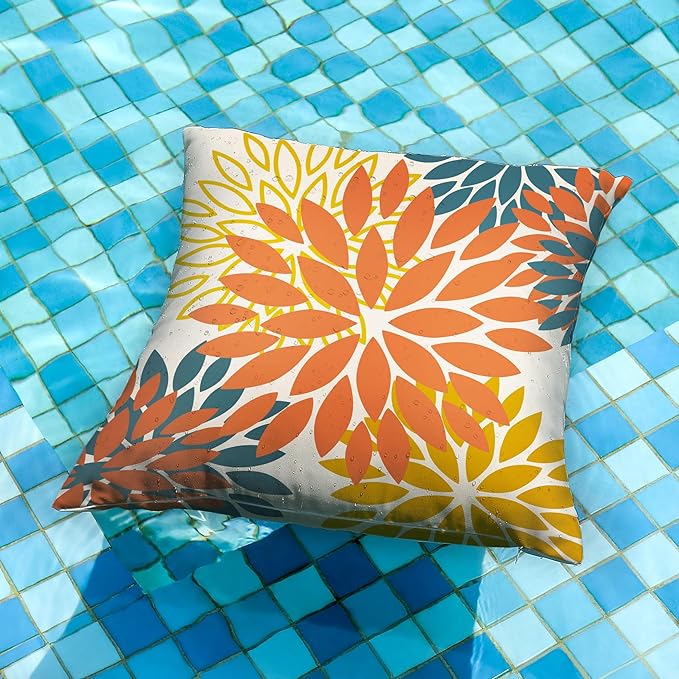 DFXSZ Orange Yellow Flower Pillow Covers 18x18 Inch Set of 2 Fall Throw Pillows Outdoor Waterproof Decor for Living Room Sofa Patio Funiture Garden Floral Polyester Pillow Covers 012E18