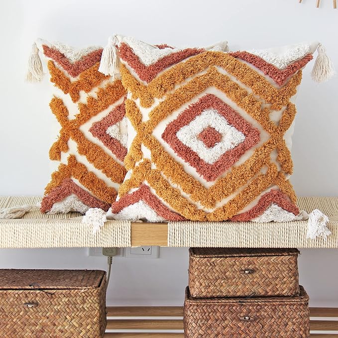 JOJUSIS Boho Throw Pillow Covers with Handmade Tassels Decorative Woven Tufted Orange Fall Pillowcase for Couch Bedroom 18 x 18 Inch Set of 2