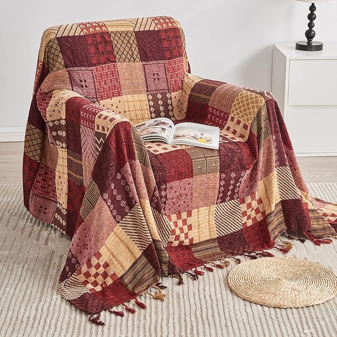 Boho Throw Blanket,Patchwork Large Blankets for Sofa Double Bed Armchair Couch,Weighted Soft Furniture Throws,Tassels Chenille Throws and Blankets for Bohemian Decor (86"*102")…