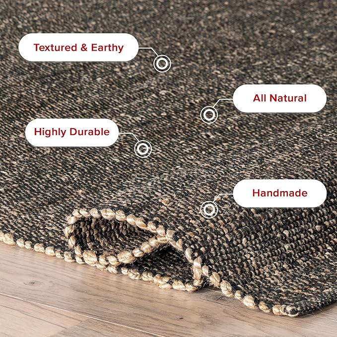nuLOOM 4x6 Elfriede Jute & Cotton Hand Woven Area Rug, Charcoal, Solid Rustic Farmhouse Style, Weaved Design, Natural Fiber, For Bedroom, Living Room, Dining Room, Hallway, Office, Entryway