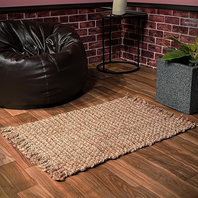 Hand Woven Chunky Jute Rug 2x3 Feet Natural, Farmhouse Accent Boho Accent Floor Throw Carpet Ideal for Bedroom, Kitchen, Living Room, Entryway | Reversible Small Neutral Fibre Patio Mat for Home Décor