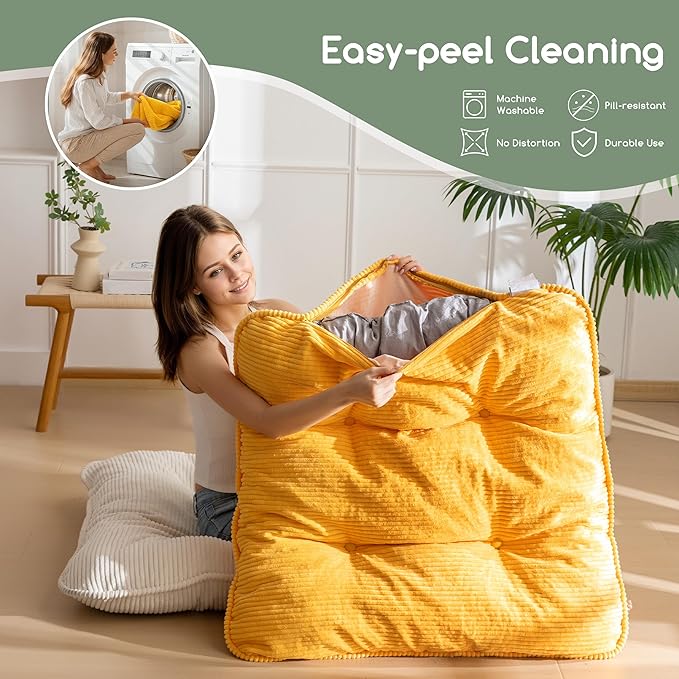 35" Washable Floor Pillow Cushion for Adults, Meditation Cushion Pillow, Extra Large Square Floor Sitting, Removable Tufted Corduroy Cover, for Tatami Living Room or Yoga, Orange, Machine Washable