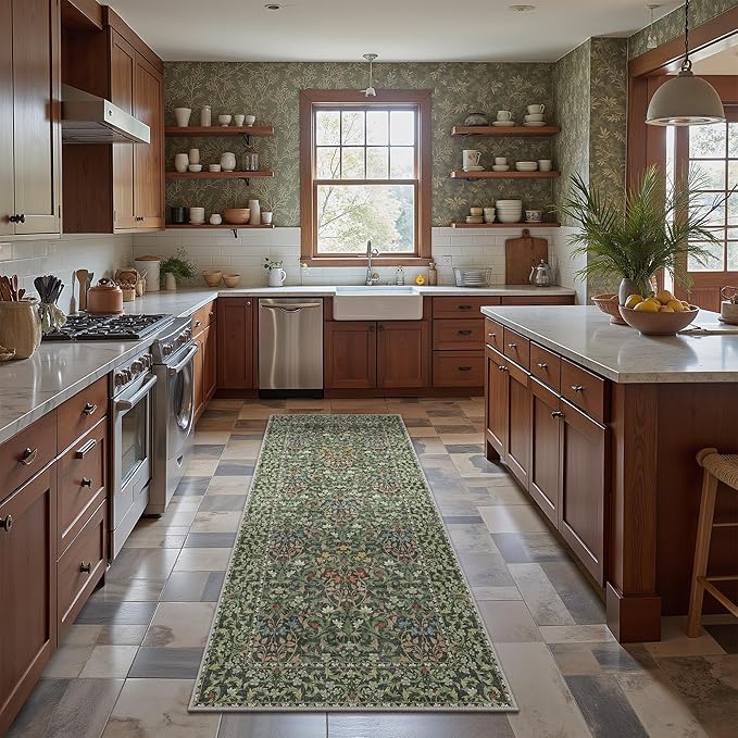 GENIMO Floral Washable Runner Rug 2’6”x6’, Non-Slip Long Hallway Carpet for Entryway, Kitchen, Indoor Floor Use, Vintage Boho Soft Thin Rug Décor, Emerald Green