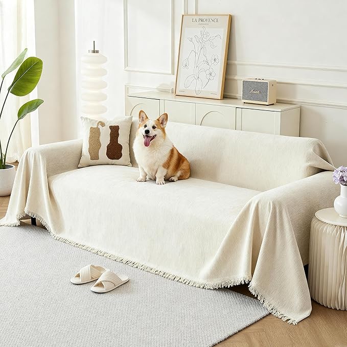 Couch Cover for Dogs, Boho Sofa Covers for 3 Cushion Couch, Chenille Sofa Slipcover for Pets Washable, L-Shape Sectional Couch Loveseat Cover Soft Throw Blankets with Tassels(91x134,Cream)