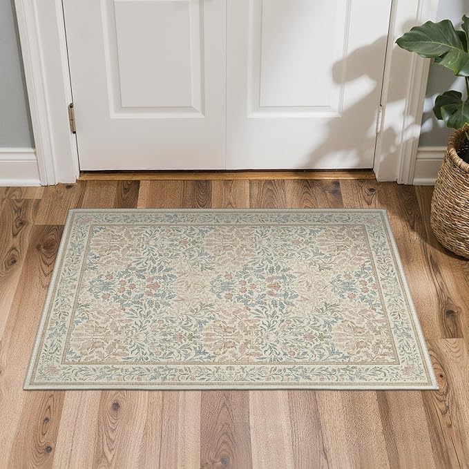 GENIMO 2x3 Washable Small Entryway Rug, Non-Slip Front Door Mat for Kitchen, Bathroom, Laundry, Vintage Boho Floral Thin Indoor Carpet, Beige Pink