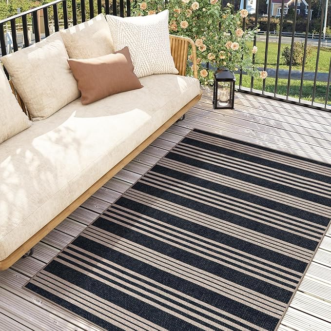 Lahome Elance Striped Easy Jute Washable Rug, 3x5 Outdoor Porch Patio Entryway Rug Indoor Outdoor Carpet for Living Room, Farmhouse Neutral Non Slip Black Carpet for Backyard Bedroom Kitchen