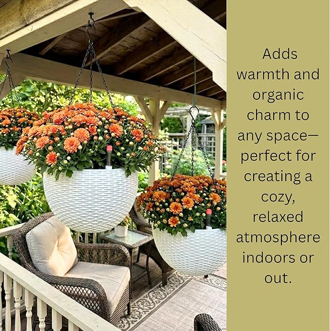 LaLaGreen Hanging Planters for Indoor Plants (11 Inch, 3 Pack) Self-Watering Round Flower Pots with Water Level Indicator, White Rattan Style Baskets with Metal Chain for Balcony, Porch Garden Outdoor