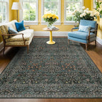 Washable Vintage 5x8 Living Room Rug, Dark Green Floral Area Rug for Bedroom Under Bed, Dining Room Under Small Dining Table, Office - Oriental Low Pile Non Slip & Stain Resistance (5x8 Dark Green)