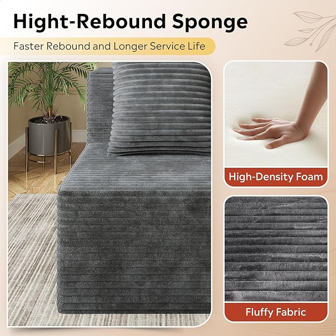 WLIVE 32'' Middle Sofa Seat of Cloud Sectional Couches for Living Room, Boneless Armless Chair, Memory Foam Corduroy, Grey