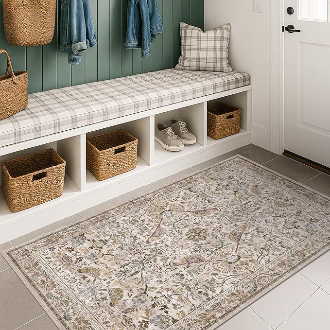 Washable 3x5 Moss Large Entryway Rugs - Low Pile Soft Boho Area Rug for Bedroom Beside Bed, Laundry, Non Slip Floral Kitchen Mat for Floor, Vintage Botanical Design Stain Resistant Carpet