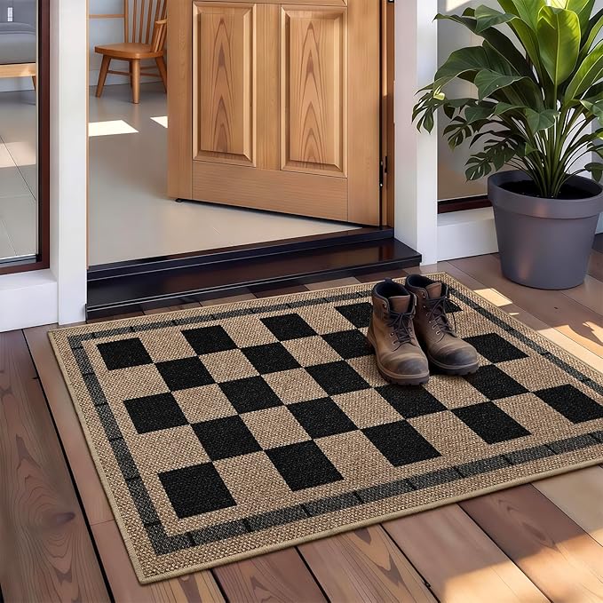 Vasofe Washable Small Entry Rug, 2x3 Checkered Jute Rugs Outdoor Indoor Front Door Mat, Non-Slip Bedroom Entrance Doorway Kitchen Mats, Plaid Farmhouse Porch Carpet, Black and Brown