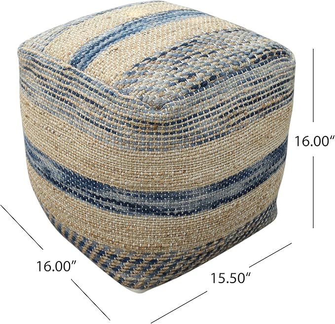 Christopher Knight Home Lola Boho Hemp and Wool Pouf, Natural and Blue