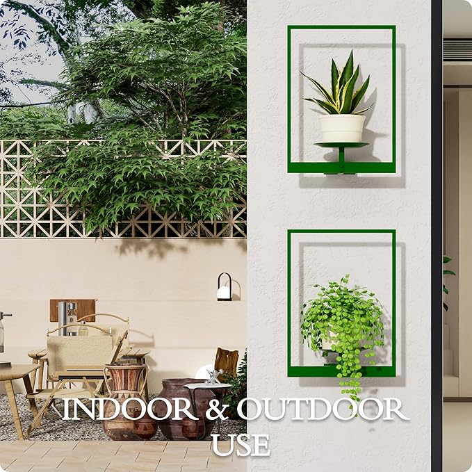 Green Metal Wall Plant Holder - 3-Pack Wall Mounted Plant Stands and Hanging Holders for Indoor Planter and Flower Pot -Rectangle Decor Shelf for Plant Storage (Pot Not Included)