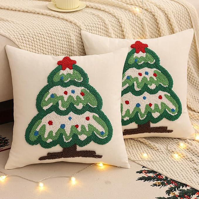 Tosleo Christmas Tufted Pillow Covers 18 x 18 inch Set of 2 Green Xmas Tree with Red Star Throw Pillow Cover Party Decor Winter Holiday Embroidery Cushion Case for Sofa Couch Bed Living Room