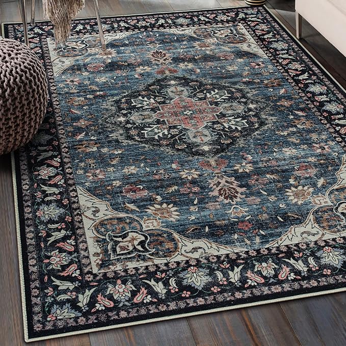 Amearea Vintage Design Navy Blue Area Rugs for Living Room, 4x6 Machine Washable Floral Collection Traditional Bedroom Rug, Low Pile Dinning Room Carpet, No Slip Office Kitchen Home Decor, Navy Blue