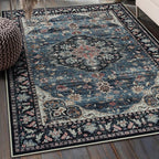 Amearea Vintage Design Navy Blue Area Rugs for Living Room, 4x6 Machine Washable Floral Collection Traditional Bedroom Rug, Low Pile Dinning Room Carpet, No Slip Office Kitchen Home Decor, Navy Blue