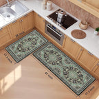 Boho Kitchen Mats for Floor 2 Piece Set Anti Fatigue Cushioned PVC Kitchen Rugs Non Slip Waterproof Farmhouse Mats 2/5 Inch Comfort Standing Mat for Sink, Laundry, 17.3"x47"+17.3"x28", Black Green