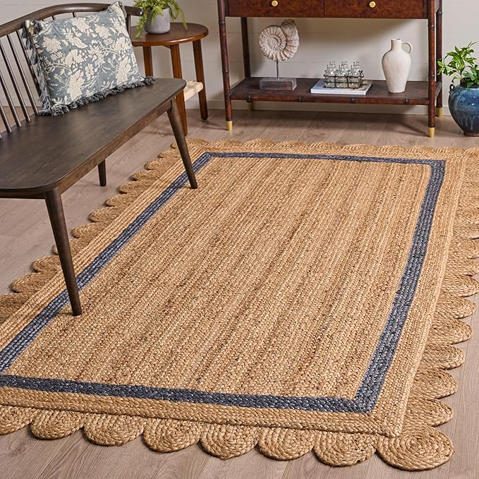 SAFAVIEH Area Rug 5x8 - Natural Fiber Collection - Natural & Blue, Handmade Jute, Ideal for Living Room, Bedroom, Dining Space (NF896M)