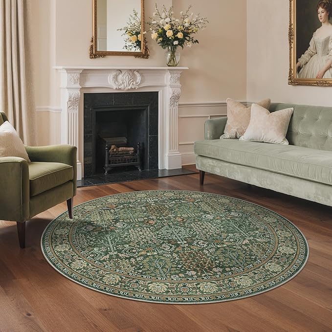 Bavni Round Rug 5ft-Machine Washable Area Rugs Non-Slip for Bedroom, 5x5 Vintage Floral Rug Distressed Throw Carpet for Living Room Nursery Kitchen Bathroom, Forest Green