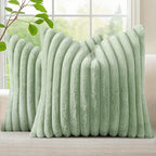 decorUhome Summer Cozy Faux Fur Throw Pillow Covers 18x18 Set of 2 Decorative Soft Plush Striped Modern Farmhouse Boho Couch Pillow Cases with Velvet Back for Sofa Bed Living Room, Sage Green