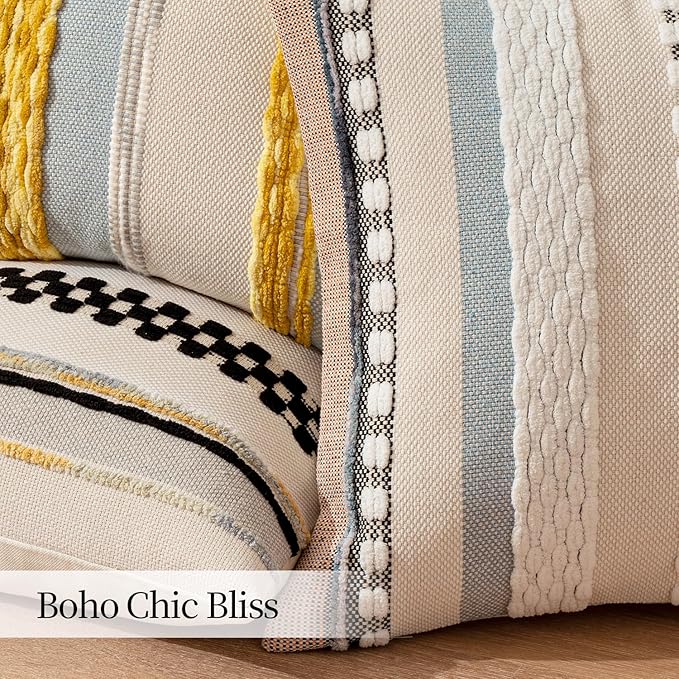 ANRODUO Pack of 2 Boho Decorative Throw Pillow Covers 18x18 Farmhouse Cushion Case Striped Chenille Pillow Cases Square Pillow Covers Accent Neutral Pillowcase for Sofa Couch Bed, Yellow Stripe