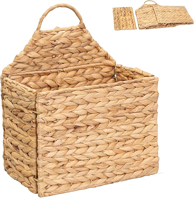 Boho Water Hyacinth Hanging Wall Basket, Flat Back Woven Storage Organizer for Mail, Books and Magazines, Decorative Wall Basket for Entryway and Farmhouse Home