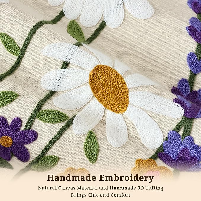 Floral Embroidered Decorative Throw Pillow Covers 18x 18 Inch Set of 1, Boho Spring Farmhouse White Daisy Flowers Patterned Canvas Cushion case for Couch Sofa Bed Living Room Home Decor