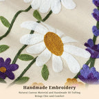 Floral Embroidered Decorative Throw Pillow Covers 18x 18 Inch Set of 1, Boho Spring Farmhouse White Daisy Flowers Patterned Canvas Cushion case for Couch Sofa Bed Living Room Home Decor