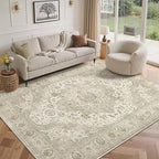Washable Area Rugs 5x7, Ultra-Thin Rugs for Living Room, Bedroom, Dining Room, Stain Resistant Anti Slip Backing Area Rug, Super-Soft Floral Vintage Home Decor Rug (Ivory/Beige, 5'x7')