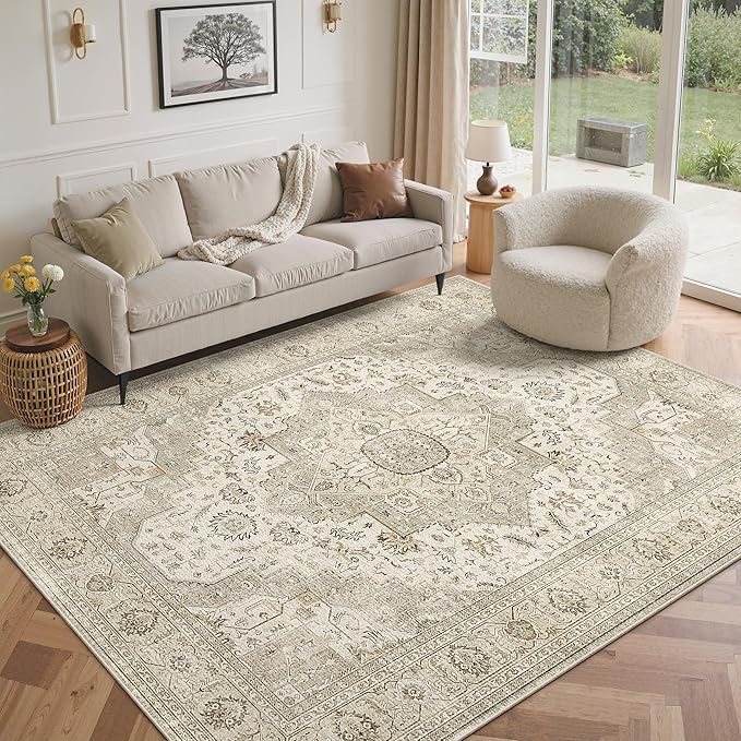 Washable Area Rugs 5x7, Ultra-Thin Rugs for Living Room, Bedroom, Dining Room, Stain Resistant Anti Slip Backing Area Rug, Super-Soft Floral Vintage Home Decor Rug (Ivory/Beige, 5'x7')