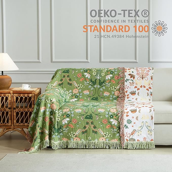 Boho Throw Blanket for Bed 60”x80”, 100% Cotton Woven Blanket for Couch Sofa, Ultra Soft 4-Layer Muslin Quilt with Floral Printed, Farmhouse Bed Blanket/Cover for Living Room Decor