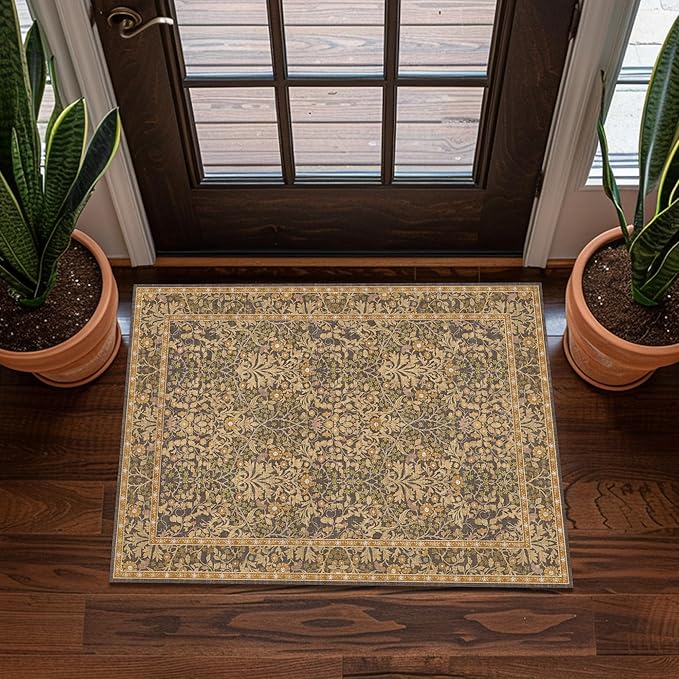 2x3 Area Rug Washable Entry Rug, Vintage Floral Thin Rug for Kitchen, Non-Slip Bathroom Small Rugs, Front Door Throw Rugs Indoor, Boho Entryway Decor (2x3 Goldenrod)