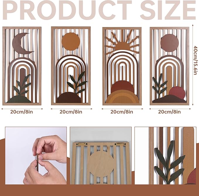Boho Wall Art Set of 4, Terracotta Wall Decor & Burnt Orange Bedroom Decor, Orange Modern Wall Art with Arch/Botanical Design - Mid-Century 3D Wooden Abstract Geometric Artwork for Home Living Room Office(C)