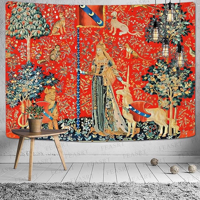 FEASRT European Royal Tapestry - Medieval Lady and Unicorn Wall Hanging - 80x60 Inches - Living Room & Dorm Decor