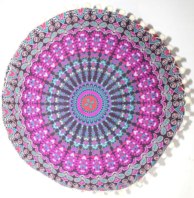 CRAFT KALA Pink Peacock Large Hippie Mandala Meditation Floor Ottoman Pillow Cushion Pouf Cover Square Poufs Bohemian Circle Floor Cushion Case Outdoor Fireplace Yoga Living Room Decor Cover 16" Round